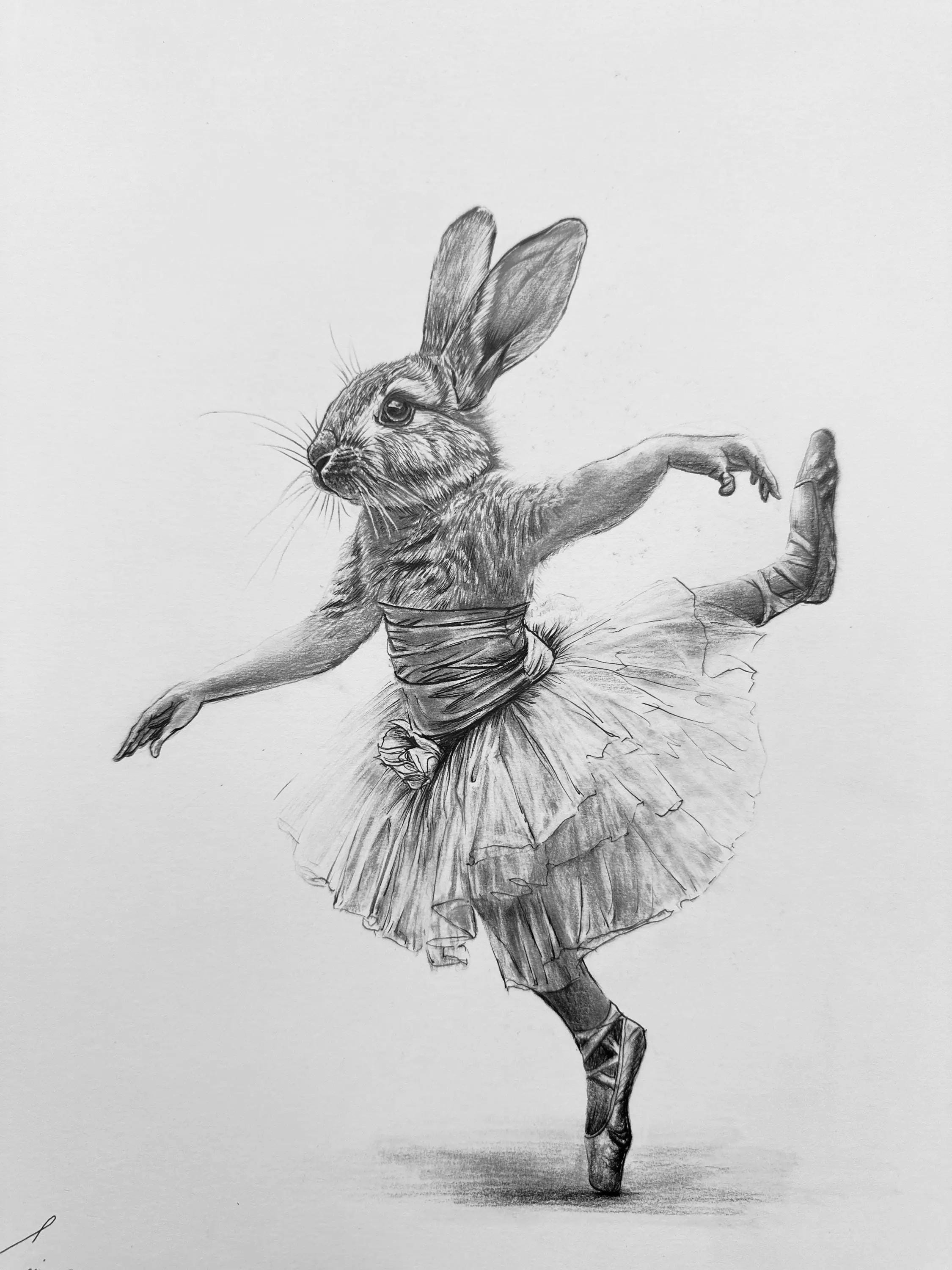 Ballerina — Original Charcoal Rabbit Drawing, Surrealist Animal Ballet ...