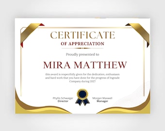Gold Maroon Appreciation Certificate Template, Editable PDF Award (8.5x11)