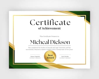 Certificate of Achievement Template, Editable Award, Printable Employee Recognition, Graduation Certificate, PDF