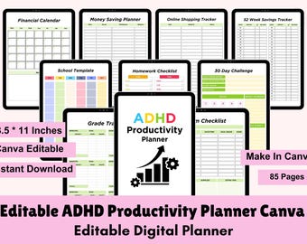 EDITABLE Productivity Planner Template Bundle, Planner Canva Templates, Printable Planner, Productivity Planner Canva, Productivity Tracker