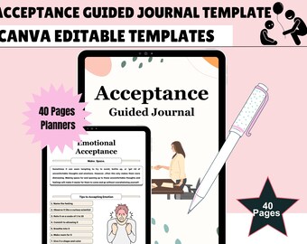 Acceptance Journal, therapy journal, self care planner, mindfulness, self love journal, wellness journal Editable Canva Templates