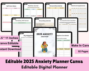2025 Anxiety Journal | 2025 Mental Health Planner | Digital Mood Tracker | Self Care Diary | 92-Page Editable A4 Template