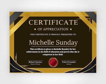 Employee Appreciation Certificate Template, Black and Gold Design (Editable PDF Download)