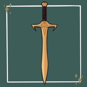 May include: A golden sword illustration with a brown handle and a decorative hilt. The sword is set against a dark teal background within a white frame, with star-shaped accents in the corners. The blade is long and pointed.