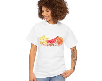 Camiseta feminina com vibe de verão, suéter aquarela de frutas tropicais, melancia e melancia, roupa perfeita para férias ensolaradas