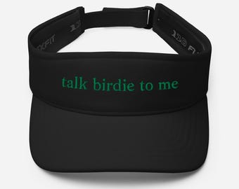 Visiera da golf sportiva e di alta qualità, bianca o blu navy - "Talk Birdie To Me" - Testo ricamato verde, gioco di parole, parte posteriore traspirante