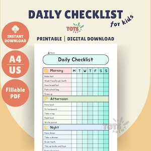 Checkliste für jeden Tag | Kinder Printable | Vorlage für die Template-Routine | Haushaltstabelle | Bearbeitbarer Planer | Personalisierter Organizer | Vorschule | Hausunterricht