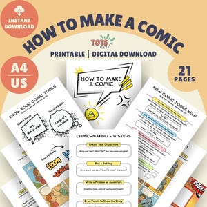 Può includere: Un download digitale intitolato "How to Make a Comic" con 21 pagine. L'immagine presenta diverse pagine con istruzioni per la creazione di fumetti, tra cui fumetti, effetti sonori e passaggi per la creazione di personaggi. Il design include il testo "Instant Download".