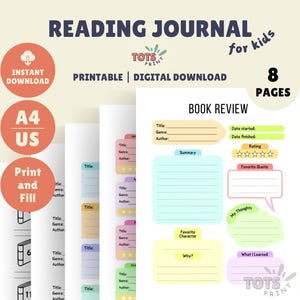 Diario de lectura / Libro imprimible para niños / Registro de lectura de libros / Registro de lectura y resumen / Registro de lectura para niños / Diario literario / Diario de cuentos