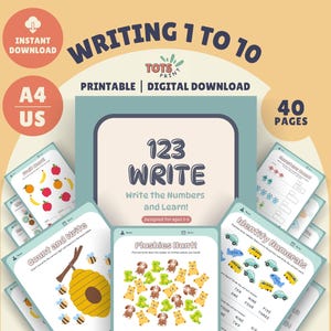 Puede incluir: Un conjunto de 40 hojas de trabajo imprimibles para que los niños aprendan a escribir los números del 1 al 10. Las hojas de trabajo presentan ilustraciones coloridas y actividades divertidas como contar e identificar los números. El título del conjunto es "123 Write: Write the Numbers and Learn!" y está diseñado para niños de 2 a 5 años.
