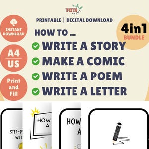 Könnte beinhalten: Digitales Download-Bundle von Tots Print mit Anleitungen zum Schreiben von Geschichten, Comics, Gedichten und Briefen. Enthält Sofort-Download, A4-Format und Print-and-Fill-Optionen. Das Bundle wird als 4-in-1-Produkt beworben.