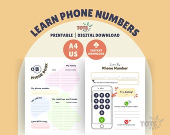 May include: A printable digital download titled "Learn Phone Numbers." The design features a phone book layout with sections for personal information and a phone graphic with number buttons. The text includes "Printable" and "Digital Download."