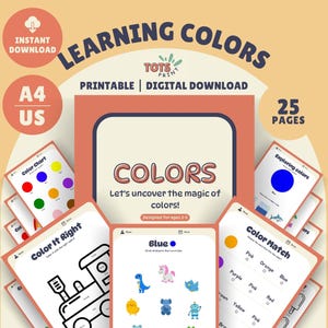 以下が含まれることがあります： 「Learning Colors」というタイトルの、複数のページがあるデジタルダウンロード教育リソース。カラフルなチャート、色のマッチングアクティビティ、塗り絵ページが特徴です。この製品は、2〜6歳の子供向けに設計されています。