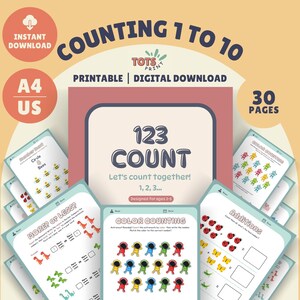 May include: A set of 30 printable worksheets for children to practise counting from 1 to 10. The worksheets feature colourful illustrations of animals, insects, and other objects. The worksheets are designed for ages 3-5. The text on the worksheets says "123 COUNT Let's count together! 1, 2, 3... Designed for ages 3-5."