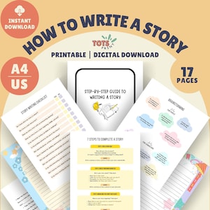 Peut inclure: Un guide imprimable et téléchargeable pour écrire une histoire. Le guide comprend 17 pages avec des listes de contrôle, des invites de brainstorming et des instructions étape par étape. Le guide est conçu pour les enfants et présente des illustrations colorées.