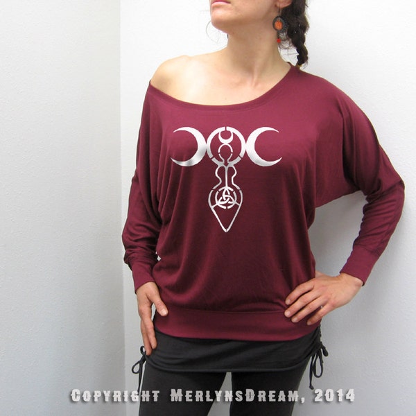 Goddess T Shirt Woman's Wiccan Spiritual Long Sleeve tee tshirt for women Crescent Moon Maroon