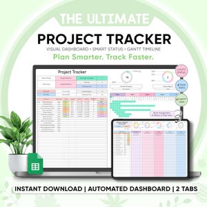 May include: A laptop and tablet showing a project tracker dashboard. The screen displays a spreadsheet with project details, progress bars, and a Gantt timeline. Text on the screen includes "Project Tracker" and "Plan Smarter. Track Faster."