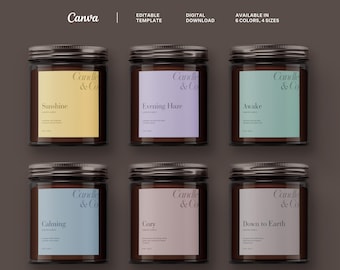 Könnte beinhalten: Sechs Kerzen in Gläsern mit Metalldeckeln und farbigen Etiketten. Jedes Etikett trägt den Text "Candle & Co" und einen einzigartigen Duftnamen: Sunshine, Evening Haze, Awake, Calming, Cozy und Down to Earth. Das Bild enthält auch den Text "Canva".