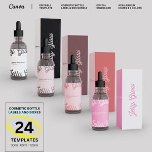May include: Mockup of a cosmetic bottle label and box design template. The label features a pink and white design with the text "Jelly Glow" and "Radiant Glow Serum". The box is white with pink text that reads "Jelly Glow".