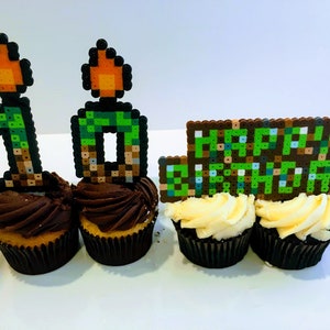 Mine Craft Themed cake topper, Happy Birthday, 8 bit pixel fan art, cake toppers, party favors, TNT candles, custom numbers image 1