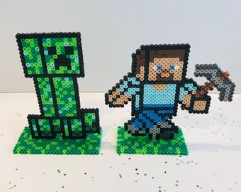 Mine game style fan art perler 6" standing figure, Birthday, cake toppers, party favors,  Tabletop party decorations, zombie gamer party