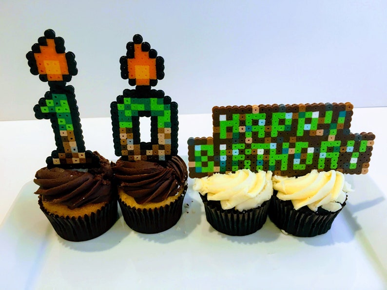 Mine Craft Themed cake topper, Happy Birthday, 8 bit pixel fan art, cake toppers, party favors, TNT candles, custom numbers image 1
