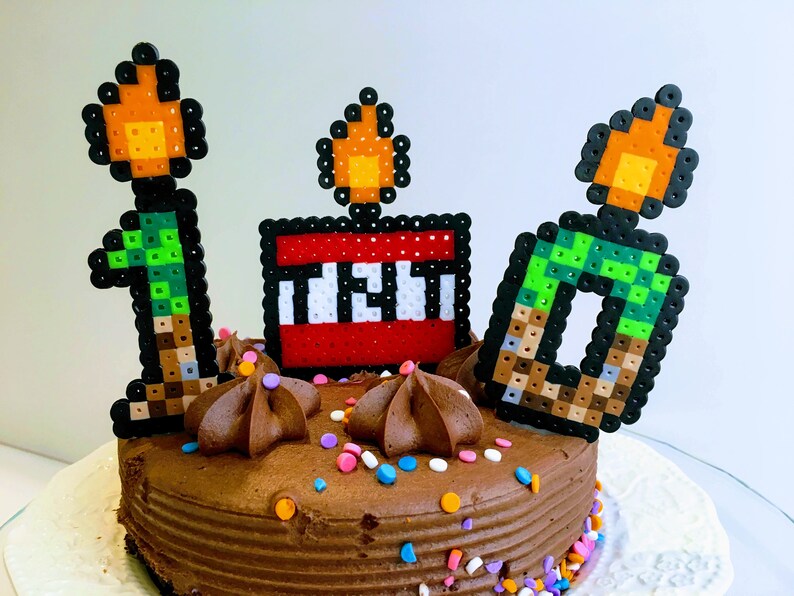 Minecraft Theme Cake Decoration Made With Perler Beads Perler Beads