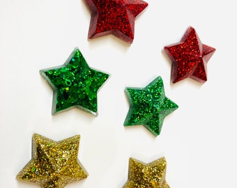 Glittery holiday star magnets! Set of 6 refrigerator magnets-gold, red, green Christmas magnets, holiday decor, teachers, home office