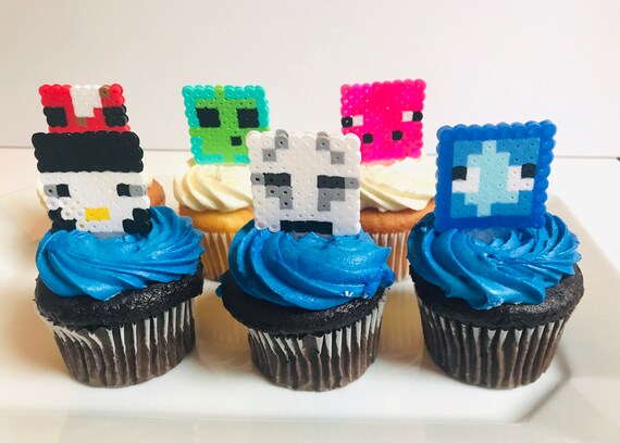 Set Of 12 Minecraft Cupcake Toppers Pixel Minecraft Party Etsy