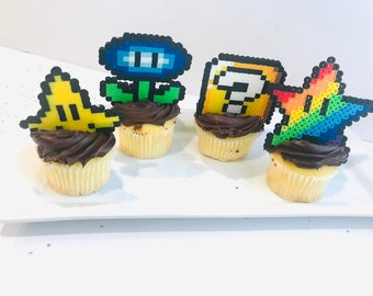 Set of 4 Mario style set of four cake toppers-  gamer fan art favors - Super Brothers themed characters, gamer toppers