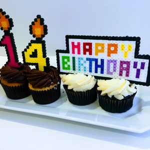 Rainbow Pixel Art Birthday Cake Topper: Gamer Party Decor