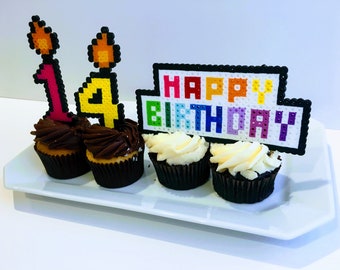 Rainbow happy birthday cake topper, Happy Birthday, birthday sign, 8 bit pixel art, cupcake toppers, party favors, pride, perler beads