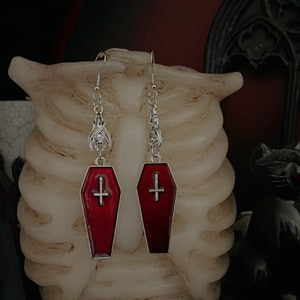 Sanguine Heretic Coffin Earrings | Spiderweb Spider Coffin Bloody Red Halloween Earring