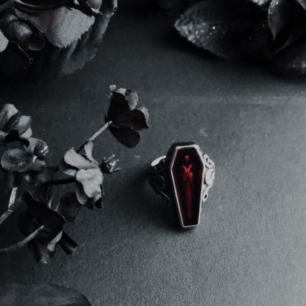 Nosferatu Coffin Ring | Stainless Steel | Deadly Elegant Vampire Ring | Red Epoxy Vamp Goth Ring