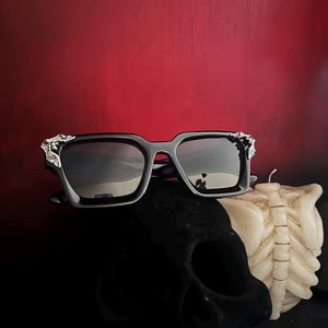 Retro Unisex Black Gloss Sunglasses | Black Silver Bat Charm | Nocturnal Shades