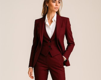 Women&#39;s Maroon 3-Piece Suit – Tailored Blazer with Vest and Trousers – Formal Business Outfit Wedding Guest Power Suit by NAARVI