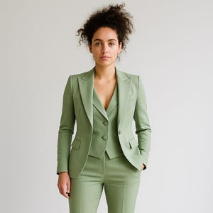 Women’s Sage Green 3-Piece Suit – Tailored Blazer Vest and Pants Set – Custom Formal Outfit for Work Wedding or Event by NAARVI