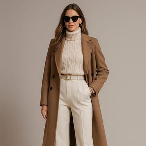 Camel Wool Long Coat for Women – Classic Tailored Overcoat by NAARVI – Warm Minimalist Winter Layer, Luxe Formal Outerwear, Custom Fit
