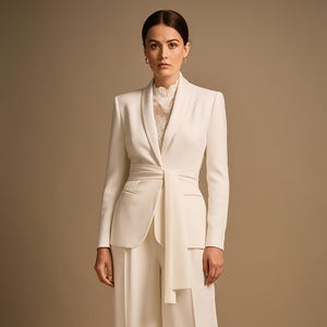 Women’s White Pantsuit – Tie-Waist Blazer with Wide-Leg Trousers for Bridal Look, Courthouse Wedding, Engagement or Formal Events by NAARVI