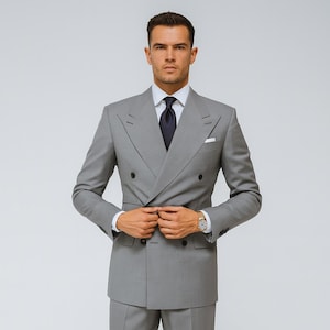Men’s Grey Double-Breasted Suit – Custom Slim Fit Wedding Tuxedo with Blazer & Trousers | Formal Business Suit for Groom or Office by NAARVI