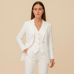 Women’s White 3 Piece Suit –Tailored Bridal Pantsuit with Blazer, Waistcoat & Slim Trousers - Civil Wedding Outfit -Power Dressing by NAARVI