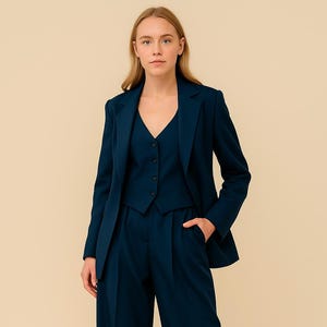 Women’s Navy Blue Pantsuit – 3 Piece Tailored Suit Set with Blazer, Waistcoat & Wide-Leg Trousers – Wedding-Ready Formal Wear by NAARVI