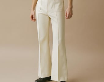 Men’s Off-White Flared Trousers  Custom Tailored Wide-Leg Pants 70s Retro Look, Boho Wedding, Resortwear & Vintage Street Style by NAARVI