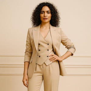 Beige Three-Piece Women&#39;s Suit – Double-Breasted Waistcoat, Tailored Blazer & Straight Trousers | Formal Bridal Pantsuit | Custom by NAARVI
