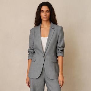 Grey Linen Women’s Suit – Single-Breasted  Custom Blazer & Wide-Leg Trousers – Tailored Lightweight Power Suit for Workwear Summer by NAARVI
