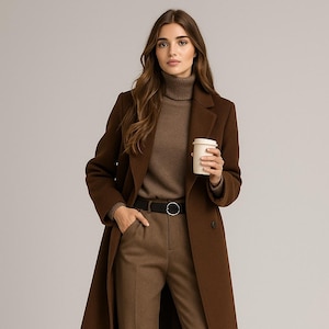 Brown Wool Long Coat for Women – Tailored Winter Overcoat – Rich Formal Layering, Classic Street Style, Made-to-Measure OutFit by NAARVI