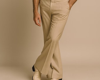 Men’s Beige Flared Dress Trousers – Custom Tailored Wide-Leg Pants for Summer Wedding, Retro Formalwear, Resort Outfits & Casual by NAARVI