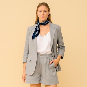 Women’s Summer Blazer Shorts Set – Light Grey Two-Piece Suit with Notch Lapel Jacket & Tailored Shorts –Business Casual Resortwear by NAARVI