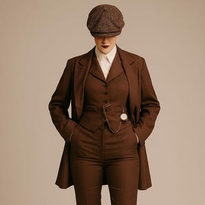 Brown Vintage-Inspired Wool Three-Piece Women Suit Set –Tailored Blazer, Waistcoat & Flared Pants | Peaky Blinders | Custom Fit by NAARVI