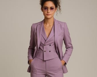 Women&#39;s Lavender Power Suit – Tailored 3-Piece Blazer Set – Double-Breasted Waistcoat, Slim Pants & Structured Jacket – Formalwear by NAARVI